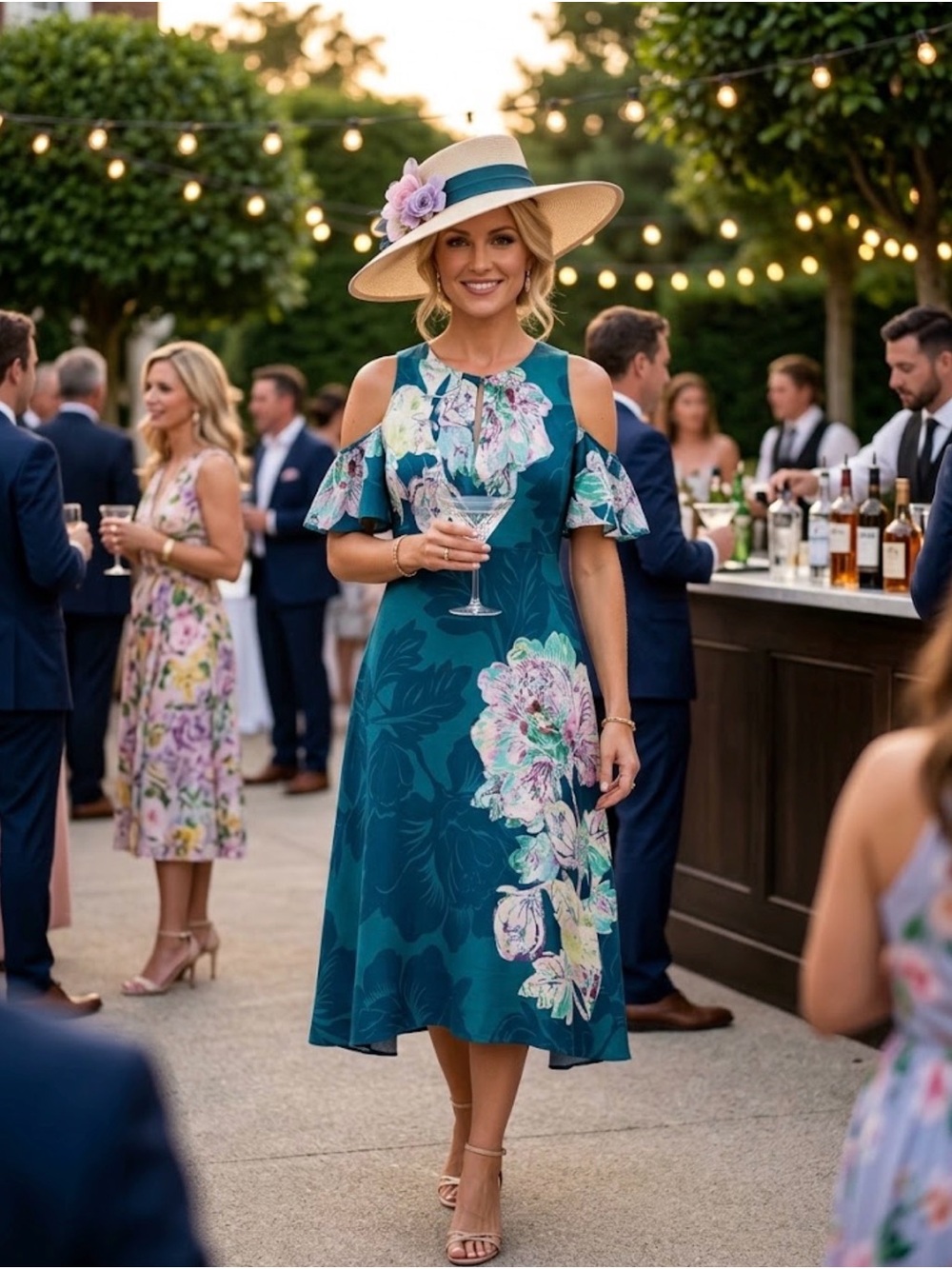 Anthropologie Maeve Teal Floral Cold-Shoulder Midi Dress with Pink Accents